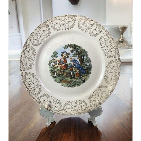 Victorian Courting Couple Gold Leaf Detail Luncheon Plate Hand Painted 9 1/4” - Picture 1 of 2